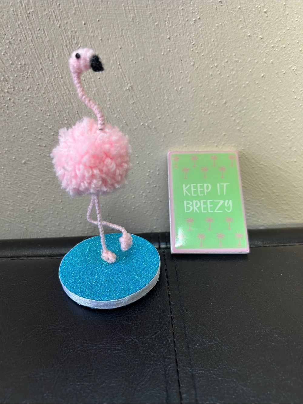 Handmade Pink Pom-Pom
Flamingo Figurine with Turquoise Sparkle Base & magnet